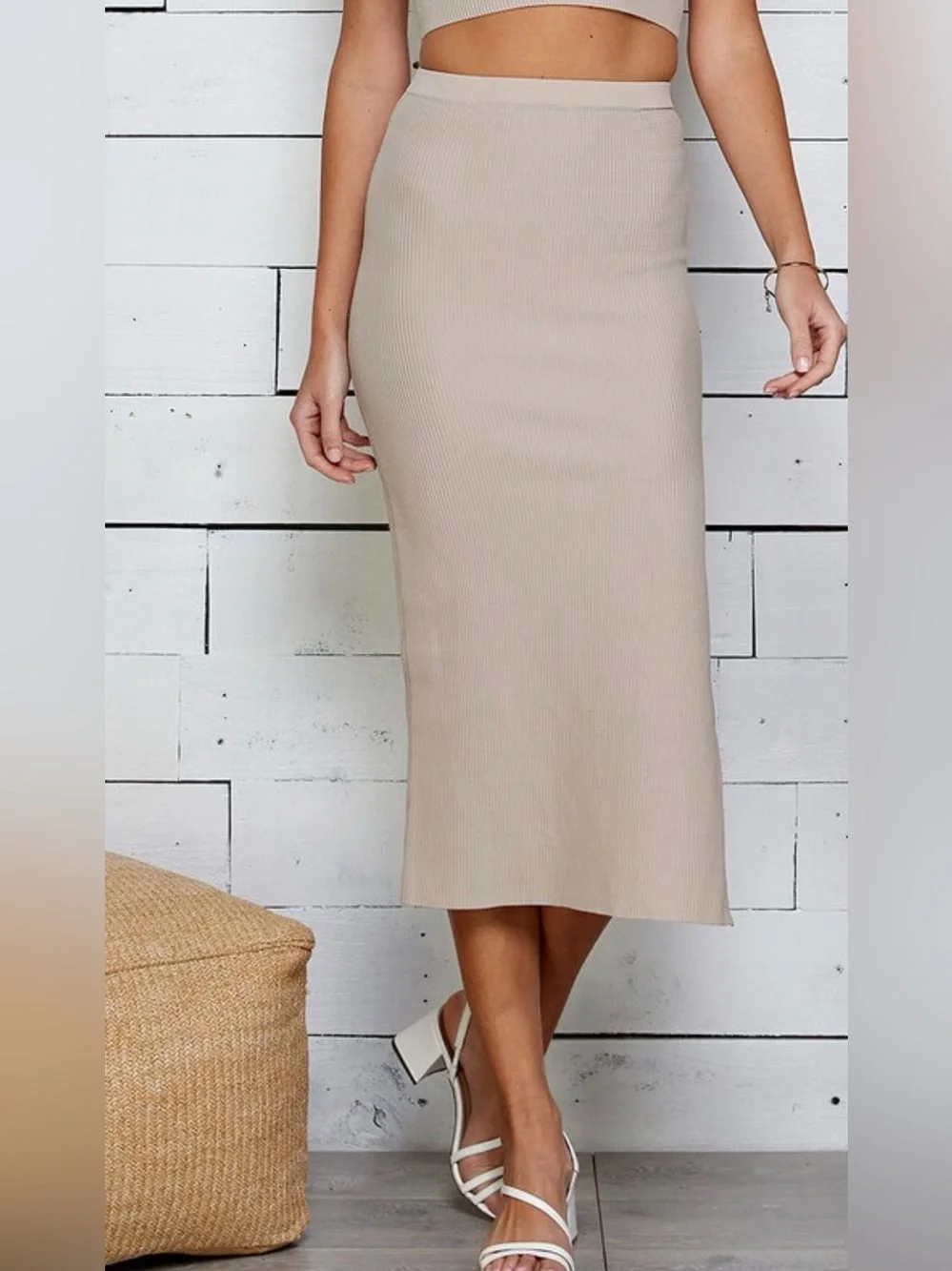 Neutral Beige Ribbed Midi Skirt Set - Sleek High-Waist Pencil Silhouette
